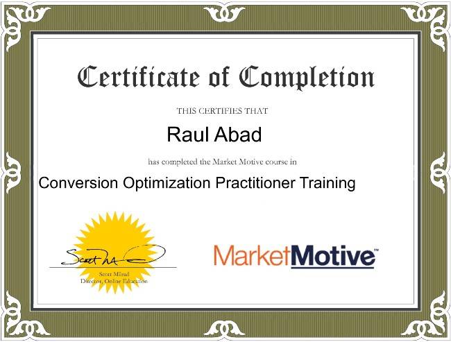 Conversion Optimization CRO por MarketMotive Conversion Optimization CRO Certificate byMarketMotive